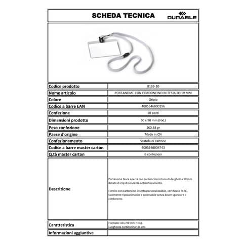 Portanomi DURABLE tasca aperta con cordoncino trasparente/grigio inserto 60x90mm conf. 10 - 813910